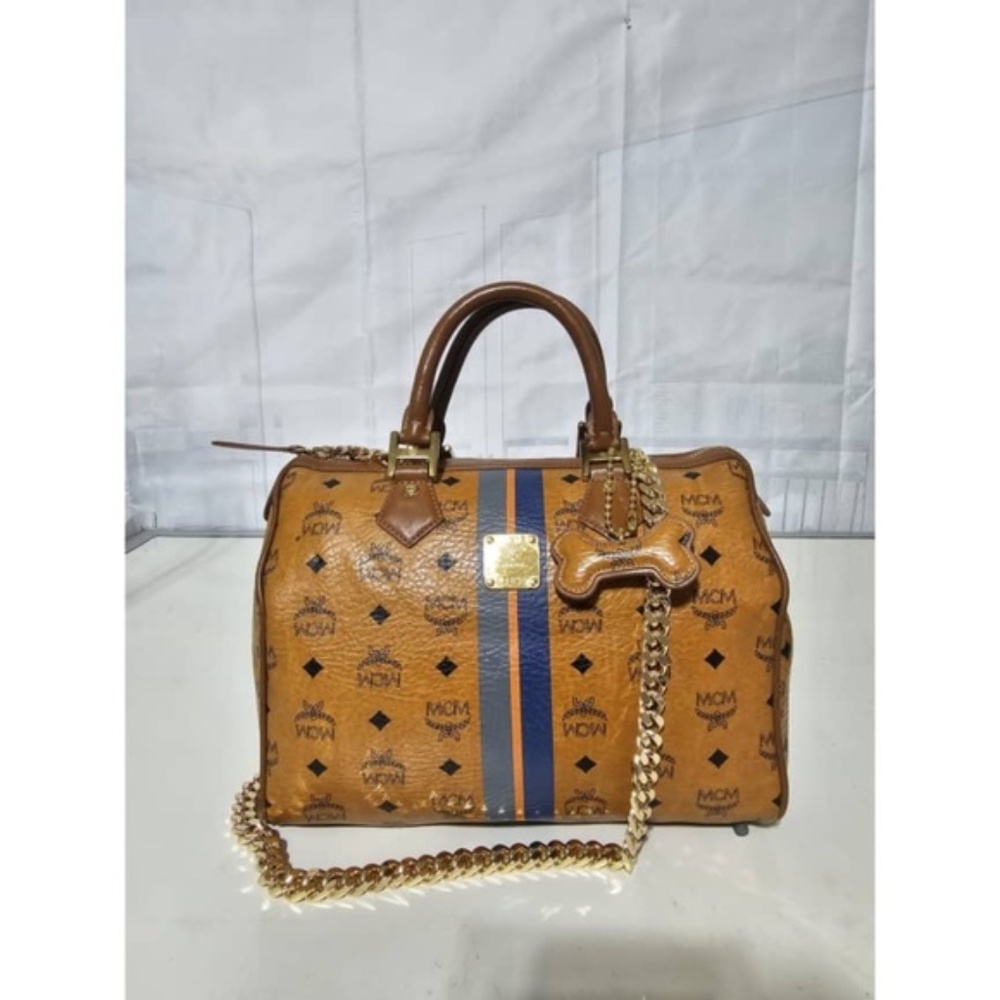 Authentic MCM Visetos Dog Bone Boston Bag Cognac - Picture 13 of 13